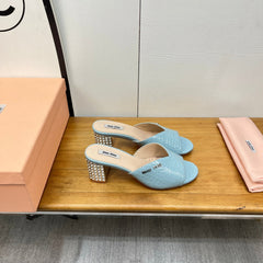 JEWELLED HEEL 55 MULE SANDALS IN LIGHT BLUE CALFSKIN