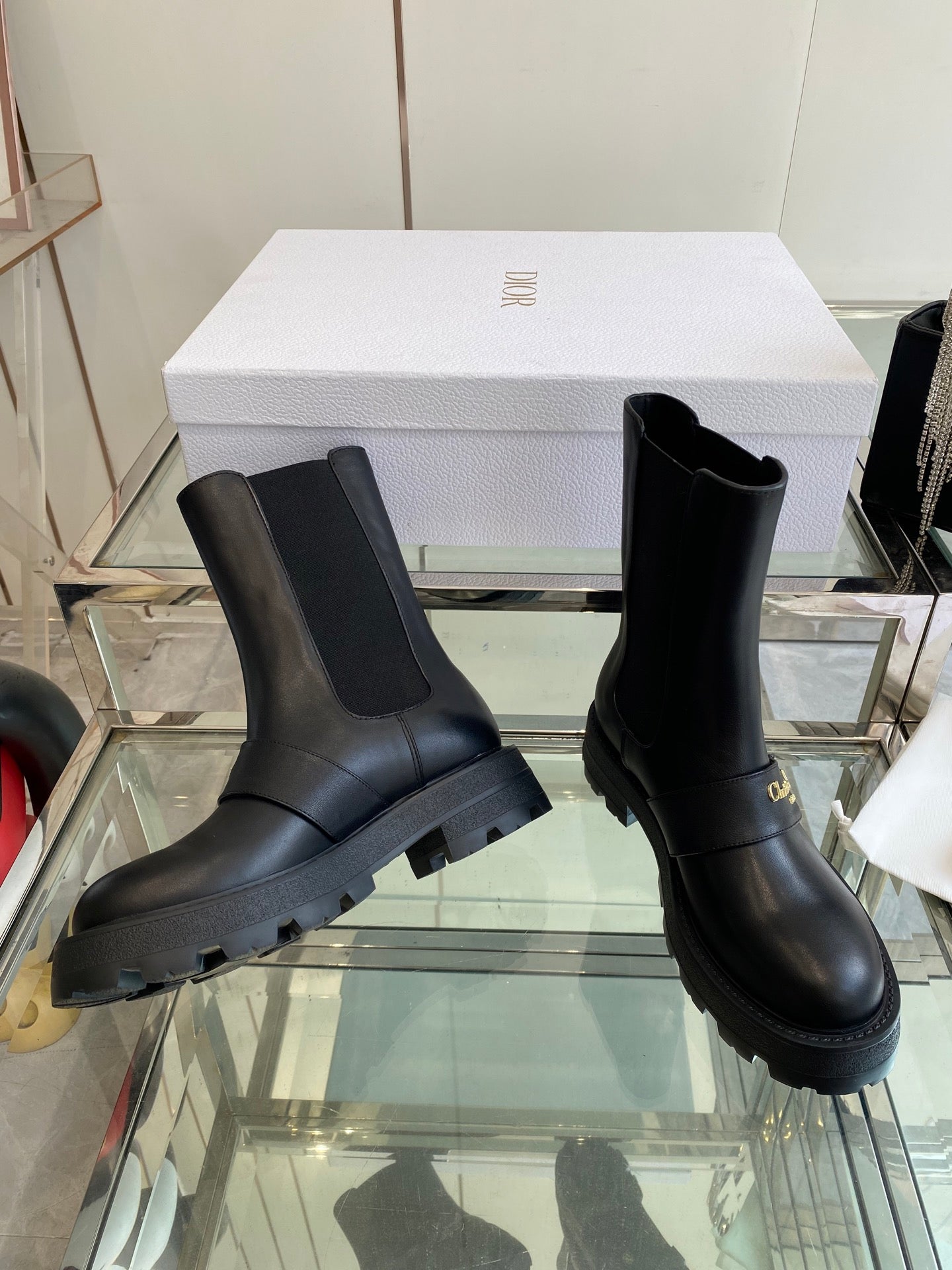 DIOR 25S D-QUEST ANKLE BOOT 35MM IN BLACK CALFSKIN GOLD HARDWARE