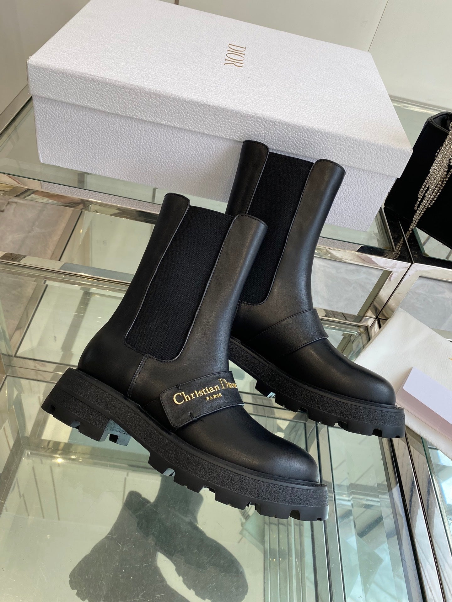 DIOR 25S D-QUEST ANKLE BOOT 35MM IN BLACK CALFSKIN GOLD HARDWARE