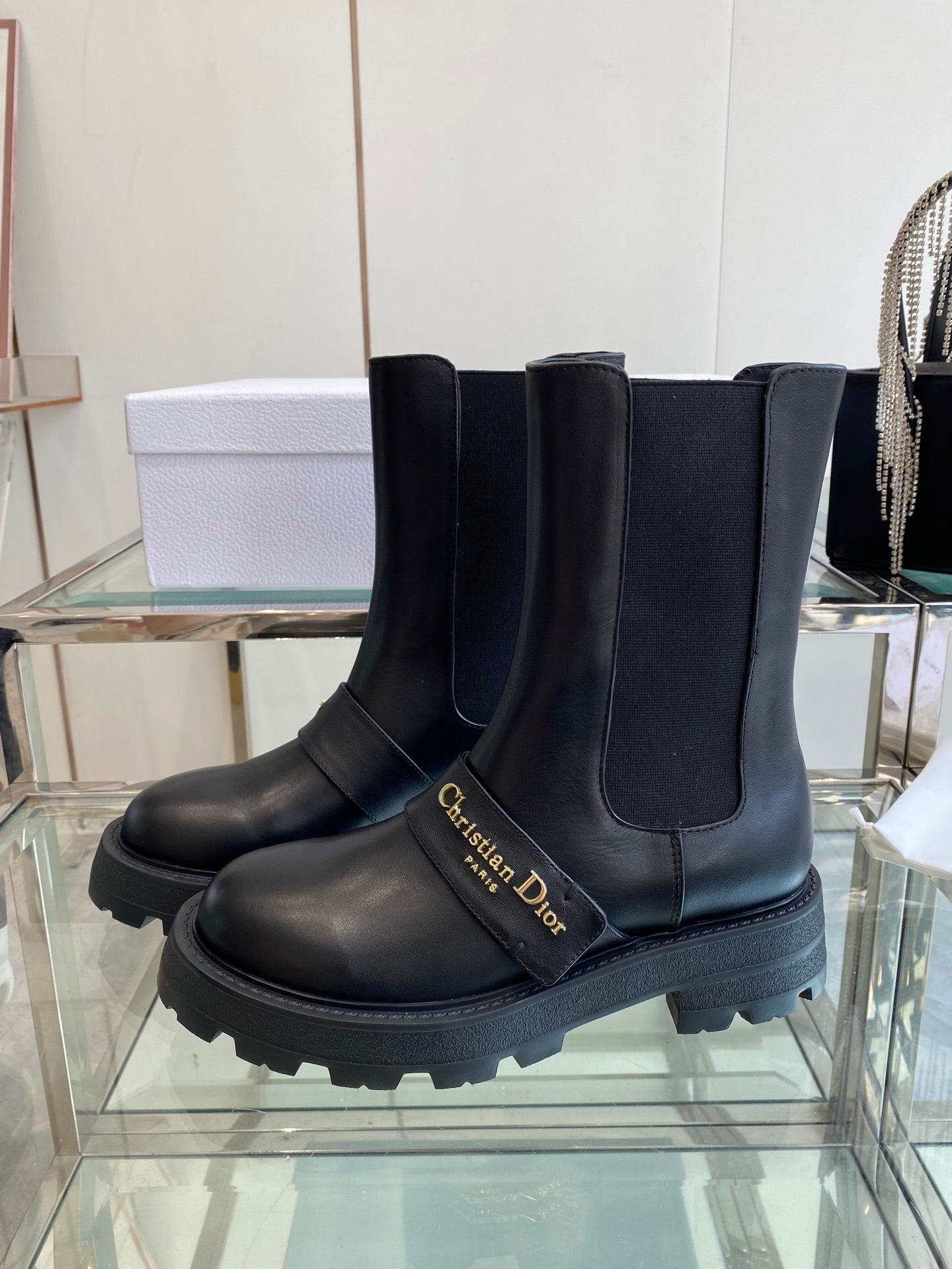 DIOR 25S D-QUEST ANKLE BOOT 35MM IN BLACK CALFSKIN GOLD HARDWARE