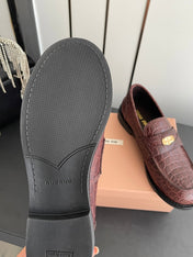 MIUMIU 26S PENNY LOAFERS IN DARK MAHOGANY BROWN CALFSKIN CROCODILE EMBOSSING