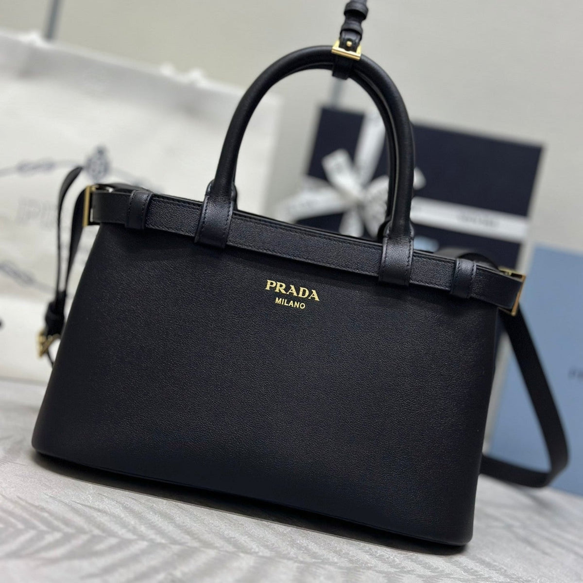 PRADA 25S BUCKLE MEDIUM HANDBAG 28 IN BLACK CALFSKIN GOLD HARDWARE