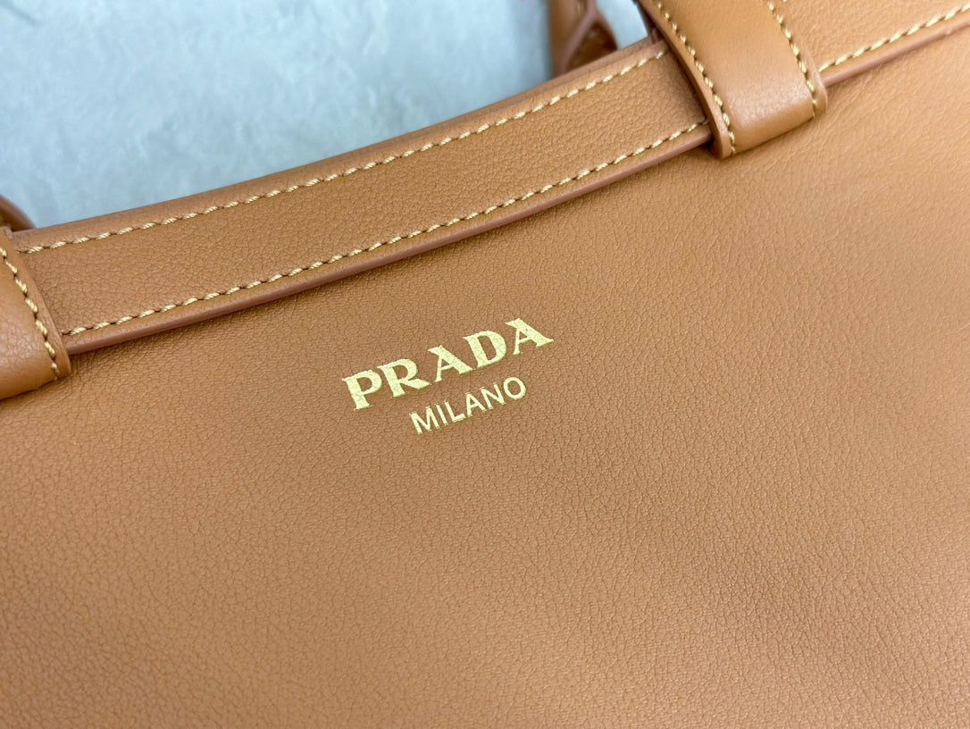 PRADA 25S BUCKLE MEDIUM HANDBAG 35 IN DARK CARAMEL CALFSKIN GOLD HARDWARE