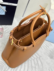 PRADA 25S BUCKLE MEDIUM HANDBAG 35 IN DARK CARAMEL CALFSKIN GOLD HARDWRE