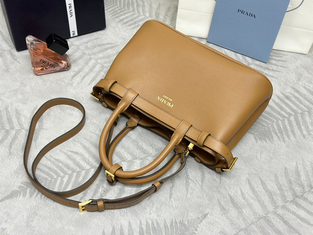 PRADA 25S BUCKLE MEDIUM HANDBAG 28 IN CARAMEL CALFSKIN GOLD HARDWARE