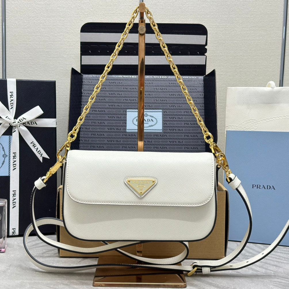 PRADA 25S MINI FLAP BAG 20 IN WHITE SAFFIANO CALFSKIN GOLD HARDWARE