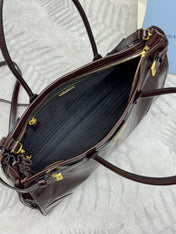 PRADA 25S BONNIE LARGE HANDBAG 38 IN DARK BROWN GLOSSY CALFSKIN GOLD HARDWRE