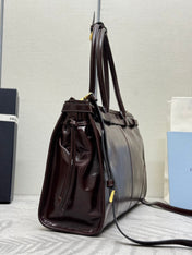 PRADA 25S BONNIE LARGE HANDBAG 38 IN DARK BROWN GLOSSY CALFSKIN GOLD HARDWARE