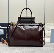 PRADA 25S BONNIE EXTRA-LARGE 42 IN DARK BROWN GLOSSY CALFSKIN GOLD HARDWARE