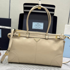 PRADA 25S BONNIE LARGE HANDBAG 38 IN BEIGE CALFSKIN GOLD HARDWARE