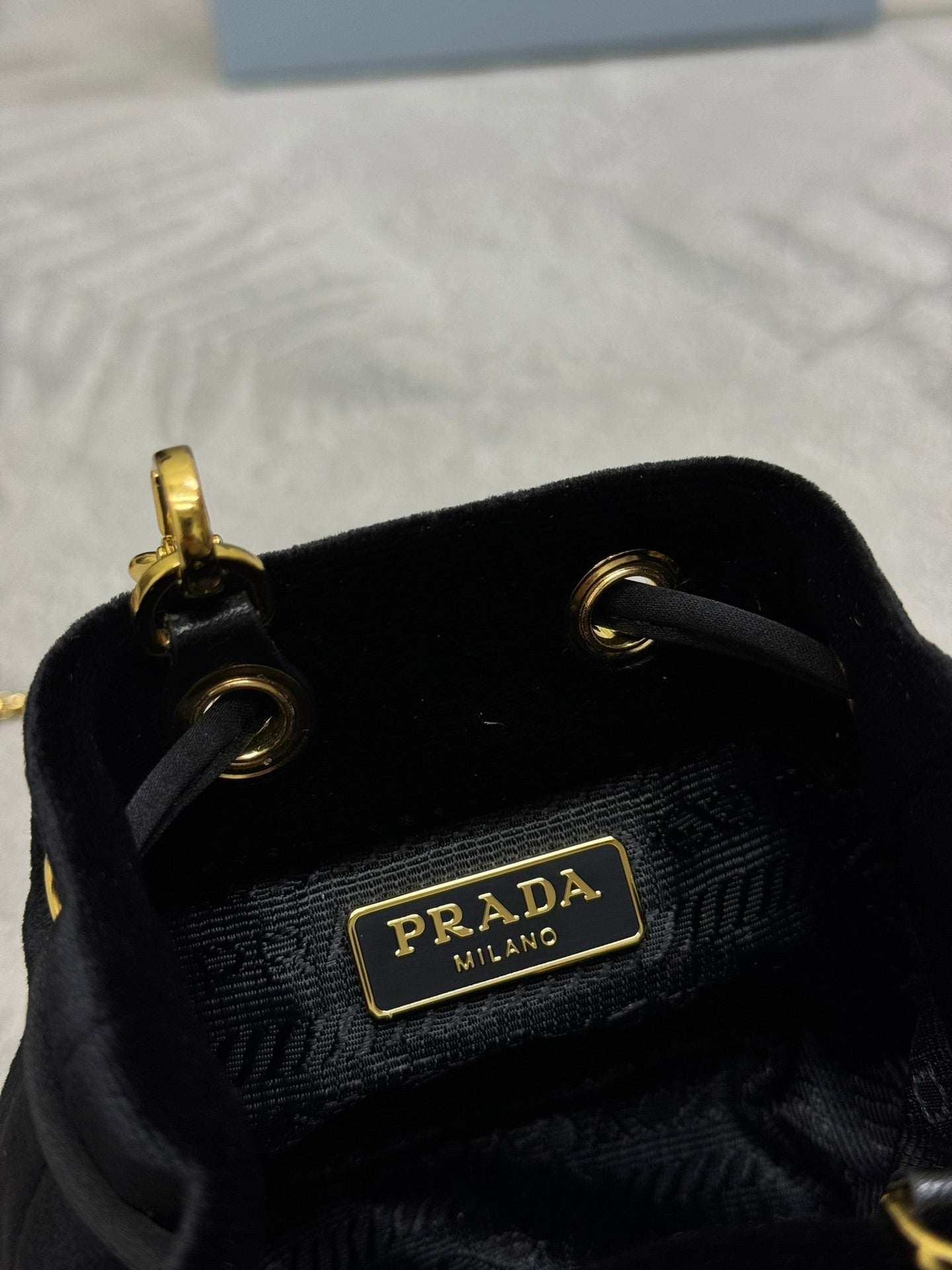 PRADA 25S MINI POUCH 12 IN BLACK VELVET GOLD HARDWRE