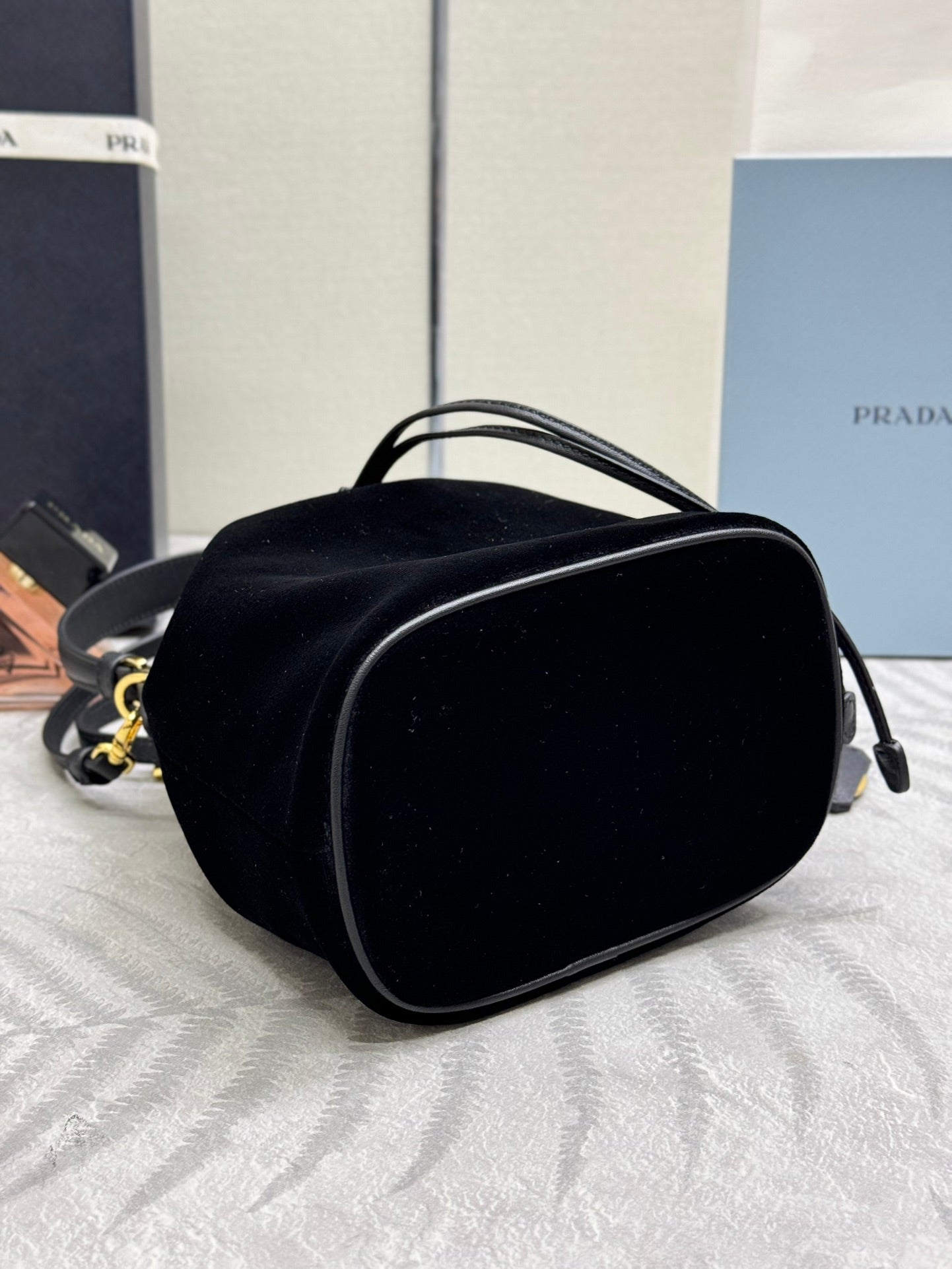 PRADA 25S BUCKET BAG 19 IN BLACK VELVET GOLD HARDWRE
