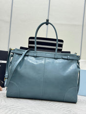 PRADA 25S LUX SOFT BAG 42 IN BLUE GLOSSY CALFSKIN GOLD HARDWARE