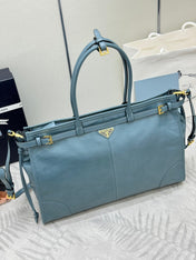 PRADA 25S LUX SOFT BAG 42 IN BLUE GLOSSY CALFSKIN GOLD HARDWARE