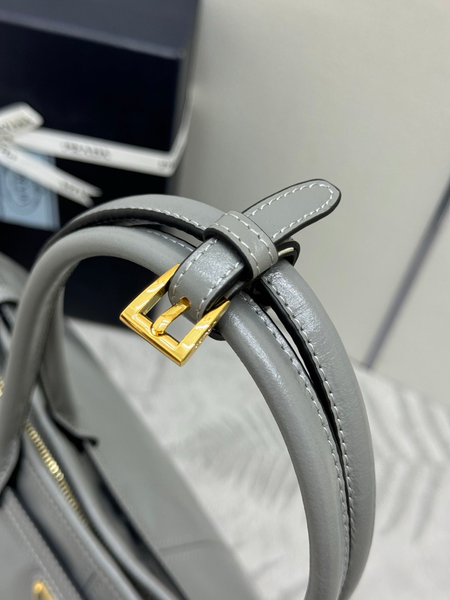 PRADA 25S LUX SOFT BAG 42 IN GRAY GLOSSY CALFSKIN GOLD HARDWRE