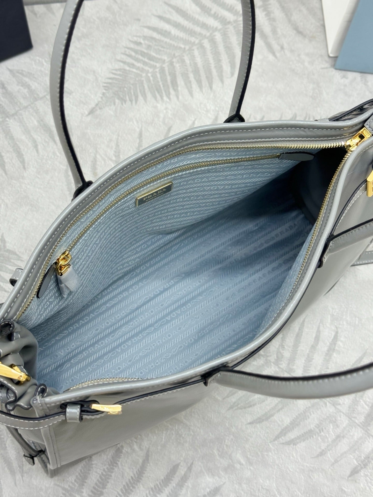 PRADA 25S LUX SOFT BAG 42 IN GRAY GLOSSY CALFSKIN GOLD HARDWARE