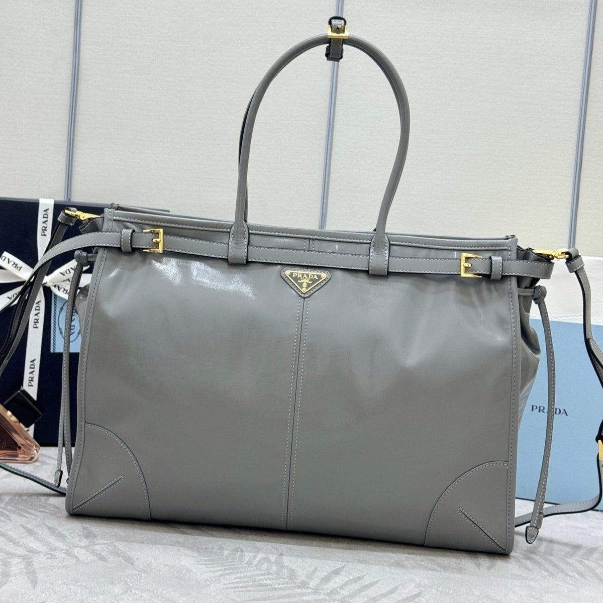 PRADA 25S LUX SOFT BAG 42 IN GRAY GLOSSY CALFSKIN GOLD HARDWRE