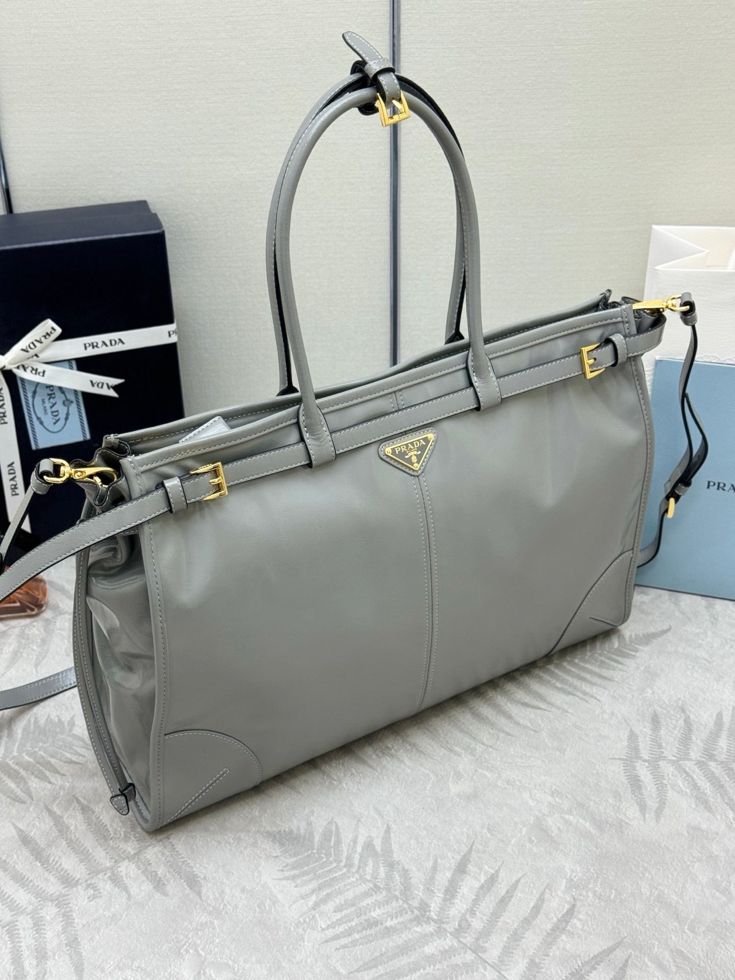 PRADA 25S LUX SOFT BAG 42 IN GRAY GLOSSY CALFSKIN GOLD HARDWARE