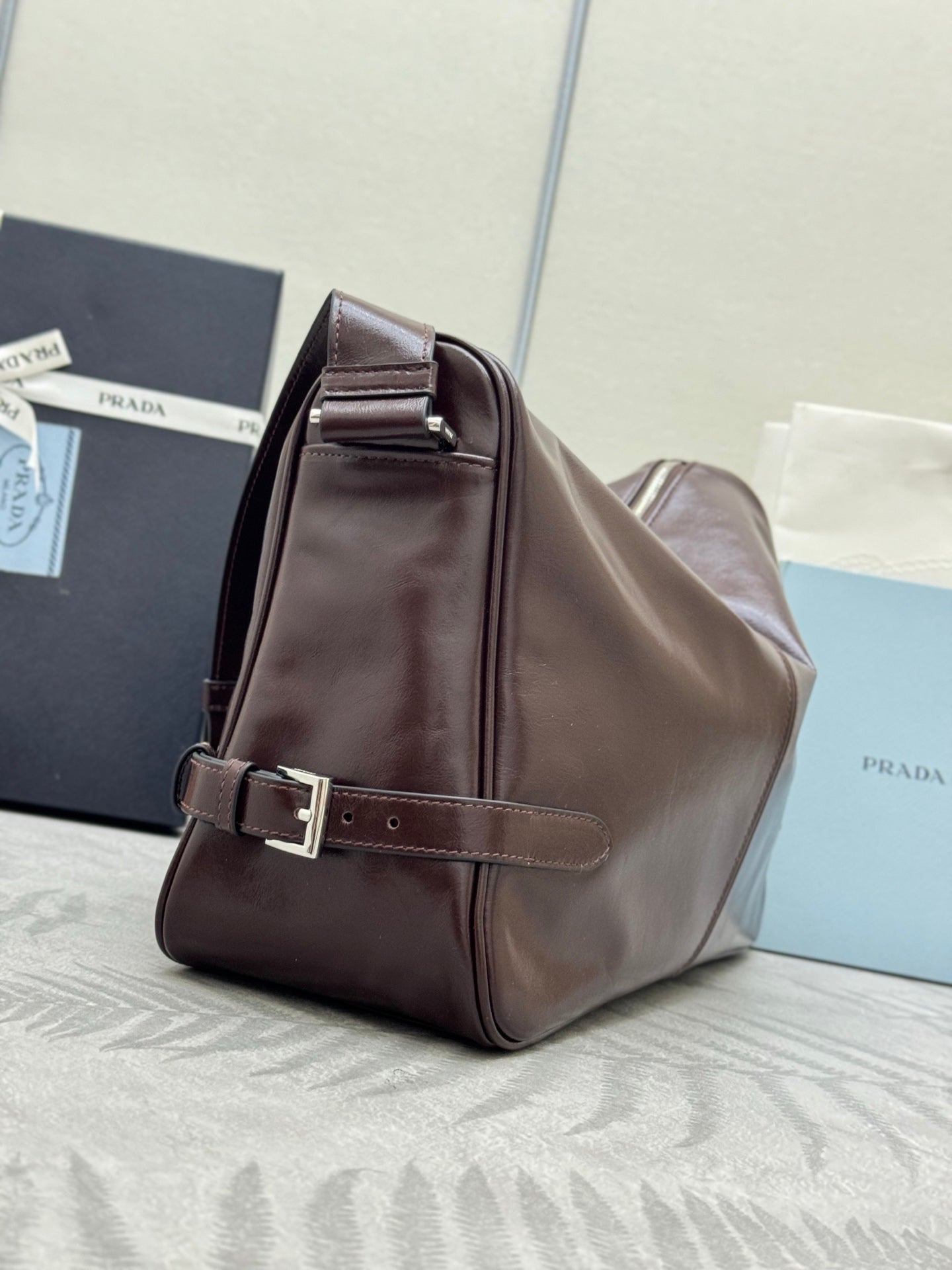 PRADA 25S SHOULDER BAG 35 IN DARK BROWN CALFSKIN SILVER HARDWRE