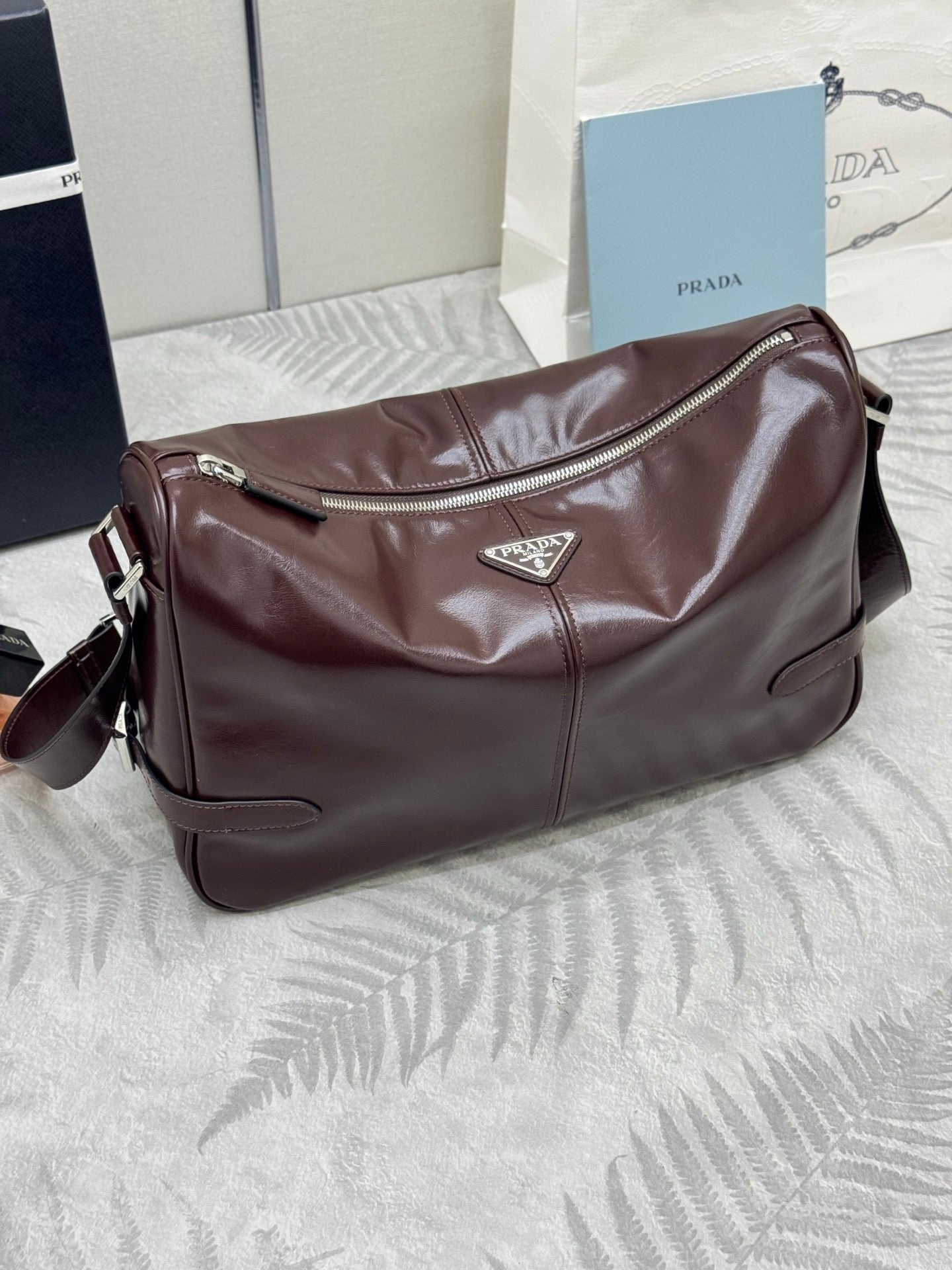 PRADA 25S SHOULDER BAG 35 IN DARK BROWN CALFSKIN SILVER HARDWRE