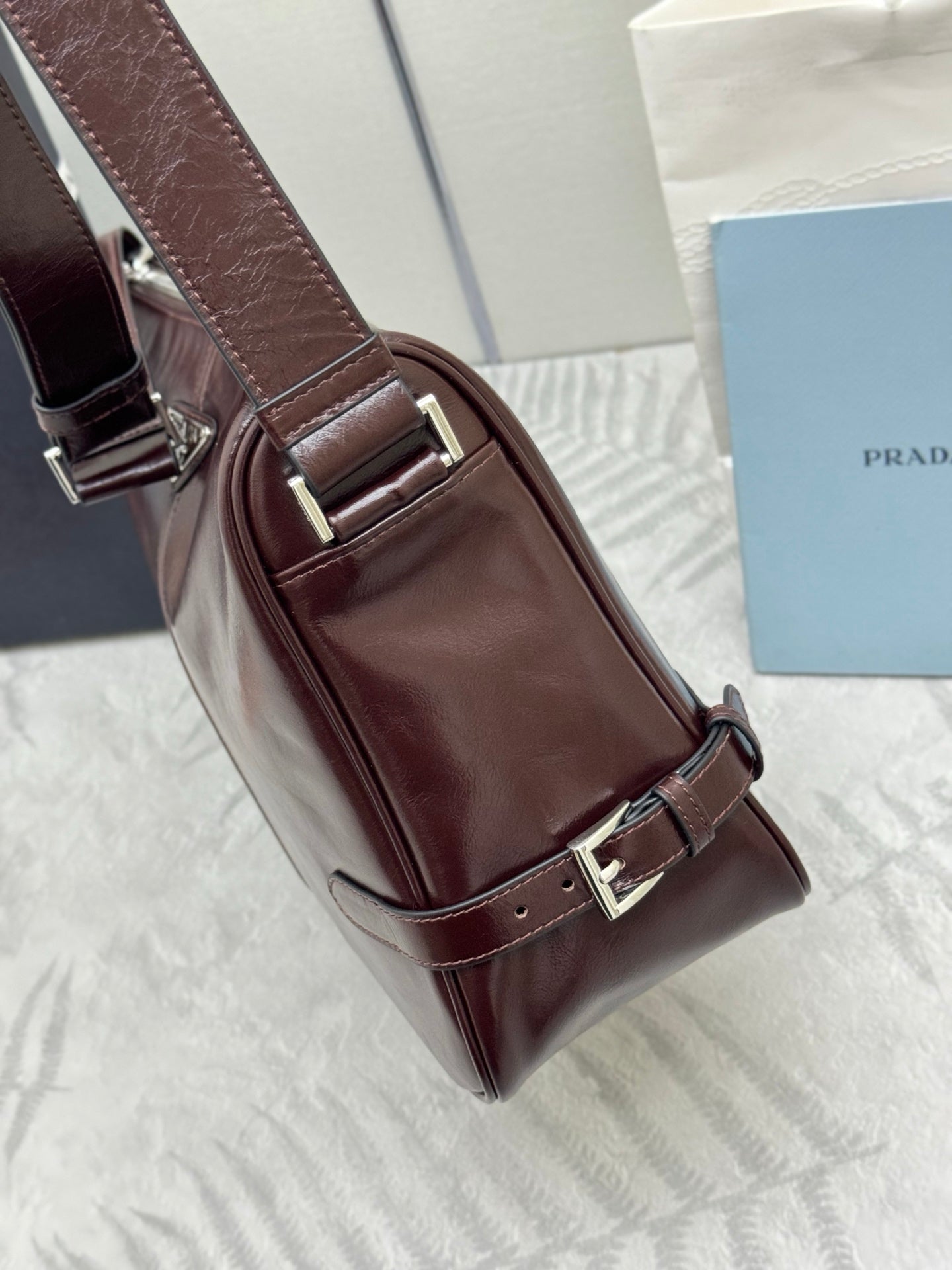 PRADA 25S SHOULDER BAG 35 IN DARK BROWN CALFSKIN SILVER HARDWRE