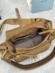 PRADA 25S EXPLORE MEDIUM SHOULDER BAG 30 IN CINNAMON SUEDE WITH FLAP