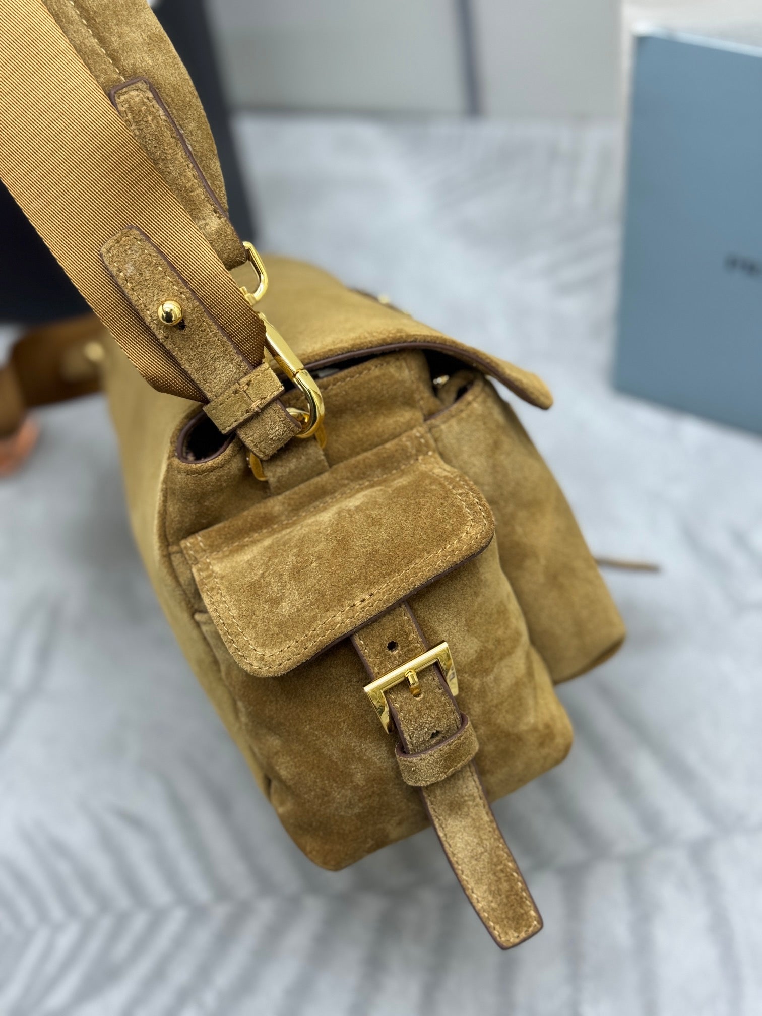 PRADA 25S EXPLORE MEDIUM SHOULDER BAG 30 IN DARK GOLDEN BROWN SUEDE WITH FLAP