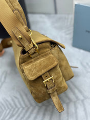 PRADA 25S EXPLORE MEDIUM SHOULDER BAG 30 IN DARK GOLDEN BROWN SUEDE WITH FLAP