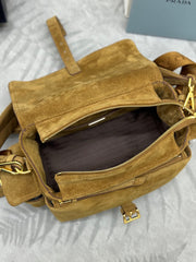 PRADA 25S EXPLORE MEDIUM SHOULDER BAG 30 IN DARK GOLDEN BROWN SUEDE WITH FLAP