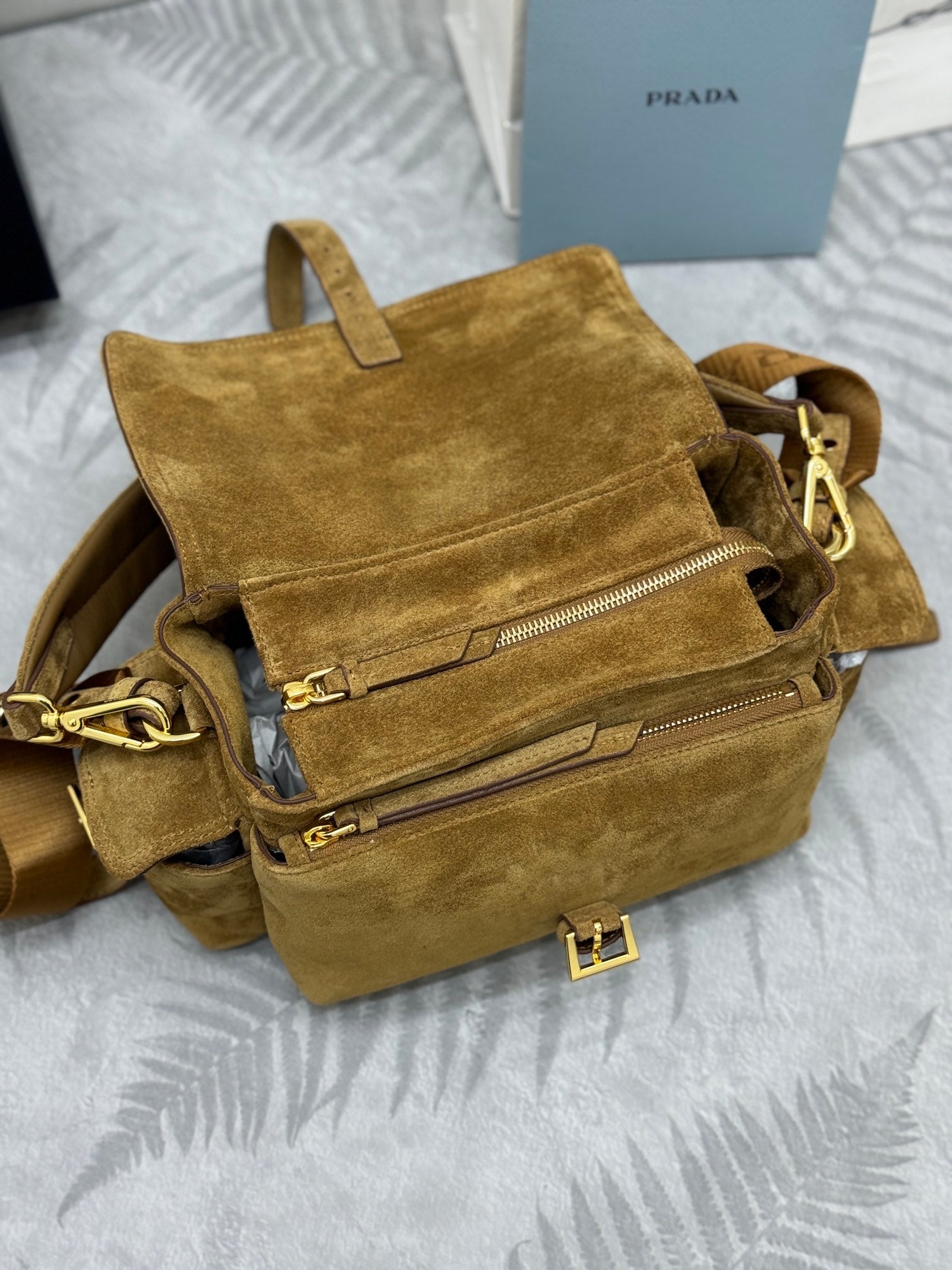 PRADA 25S EXPLORE MEDIUM SHOULDER BAG 30 IN DARK GOLDEN BROWN SUEDE WITH FLAP