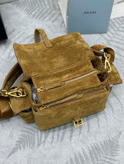 PRADA 25S EXPLORE MEDIUM SHOULDER BAG 30 IN DARK GOLDEN BROWN SUEDE WITH FLAP