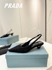 PRA SLINGBACK PUMPS BLACK SATIN WITH BLACK CRYSTALS