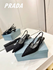 PRA SLINGBACK PUMPS BLACK SATIN WITH BLACK CRYSTALS