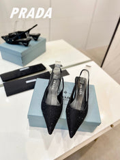 PRA SLINGBACK PUMPS BLACK SATIN WITH BLACK CRYSTALS