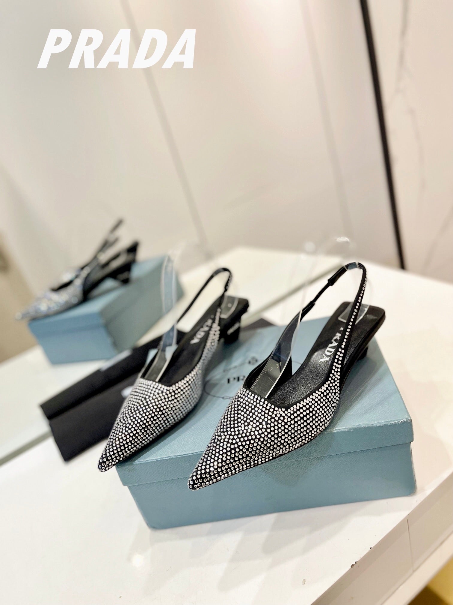 PRA SLINGBACK PUMPS BLACK SATIN WITH WHITE CRYSTALS