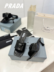 PRA BRUSHED LEATHER HEELED SLIDES BLACK