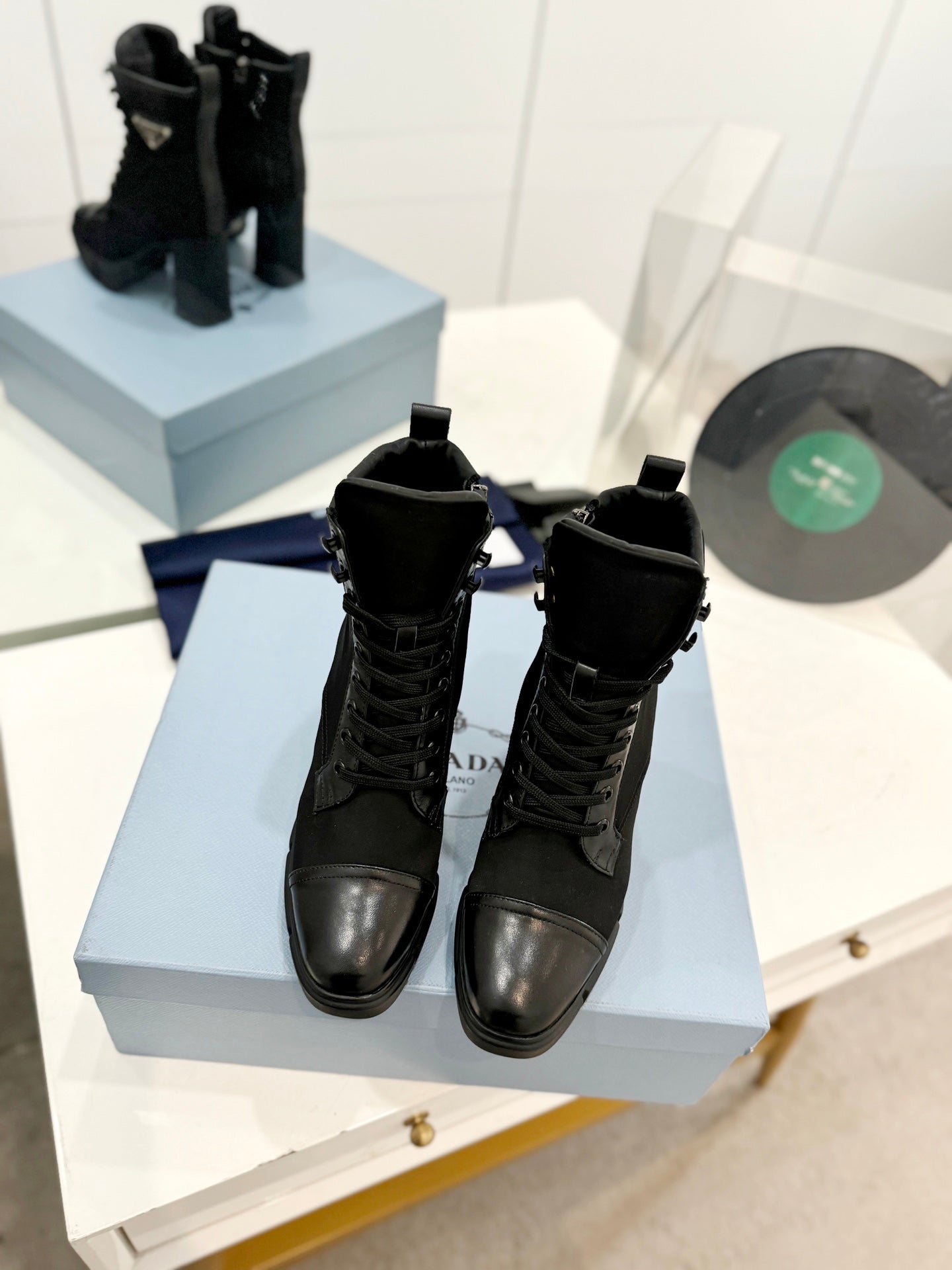 PRA RE-NYLON AND LEATHER BOOTIES BLACK