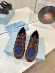 SNEAKERS IN BROWN LAMBSKIN AND NAVY BLUE CANVAS