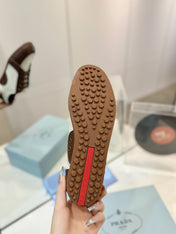 SNEAKERS IN BROWN LAMBSKIN AND NAVY BLUE CANVAS