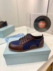 SNEAKERS IN BROWN LAMBSKIN AND NAVY BLUE CANVAS