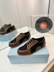 SNEAKERS IN BROWN LAMBSKIN AND BLACK CANVAS