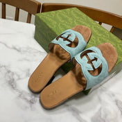 INTERLOCKING G SLIDE SANDAL IN MORNING BLUE SUEDE AND BROWN SHEEPSKIN LINING