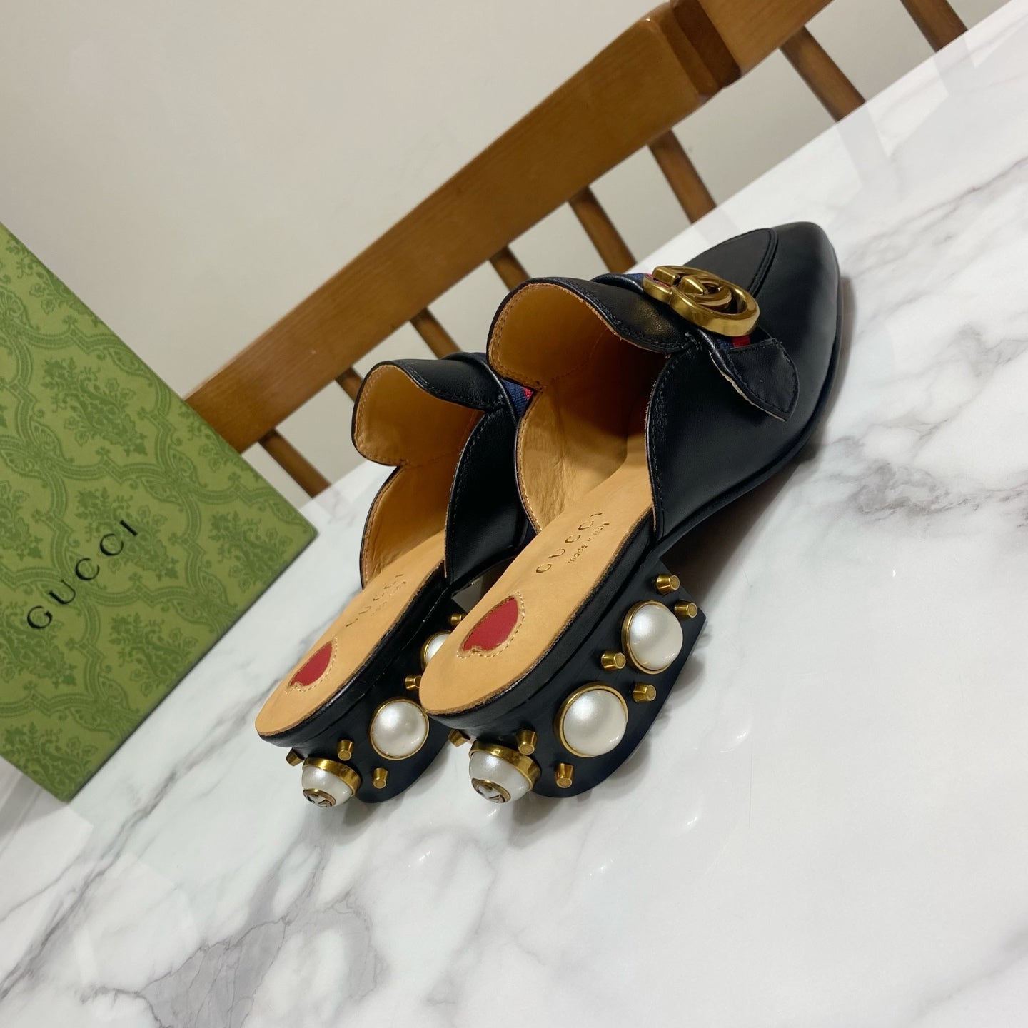 GG HEEL MULES 35 CM IN BLACK CALFSKIN WITH PEARL-EMBELLISHED SOLE