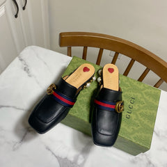 GG HEEL MULES 35 CM IN BLACK CALFSKIN WITH PEARL-EMBELLISHED SOLE