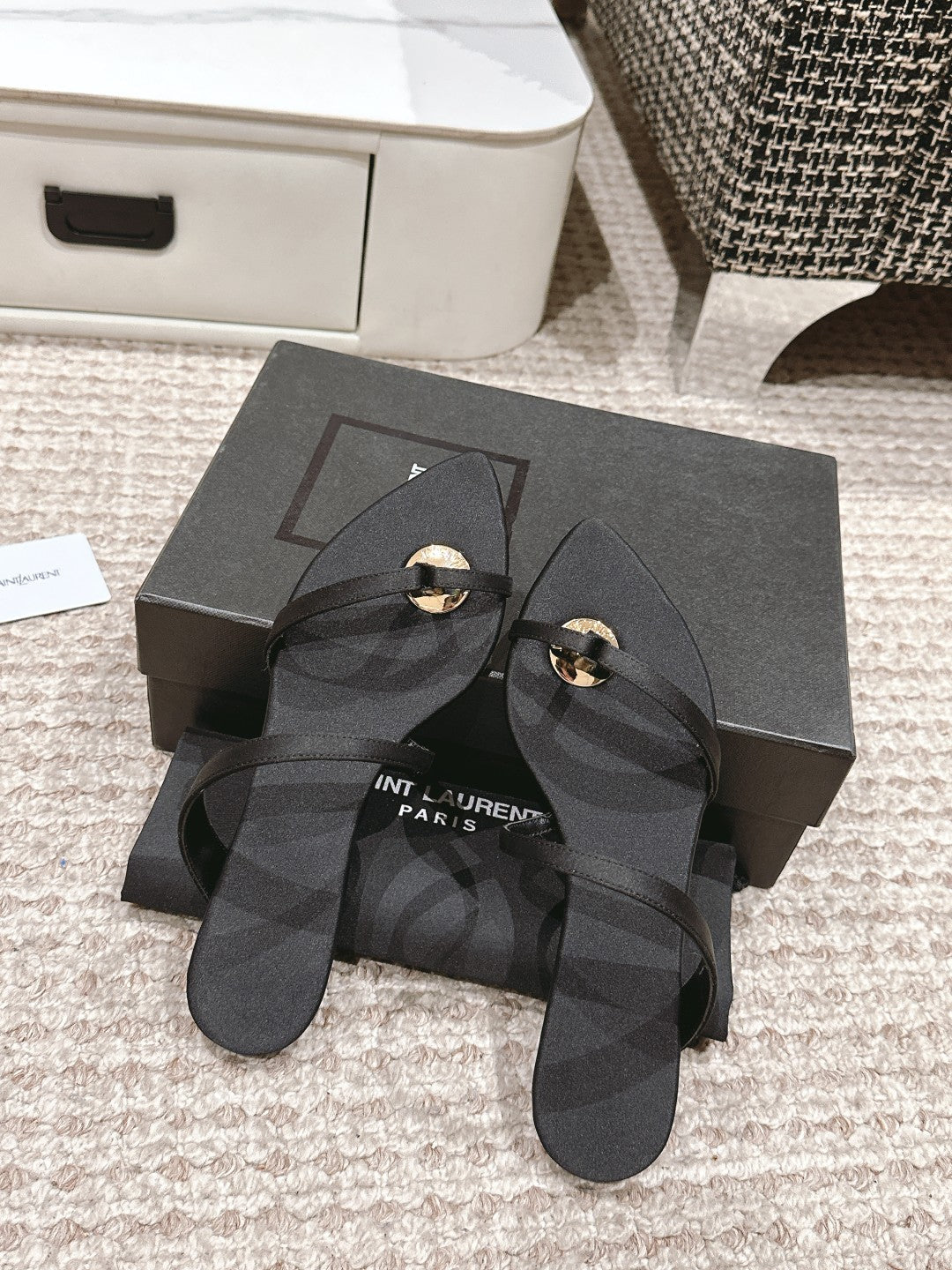 SL TANGER SLIDES BLACK SATIN