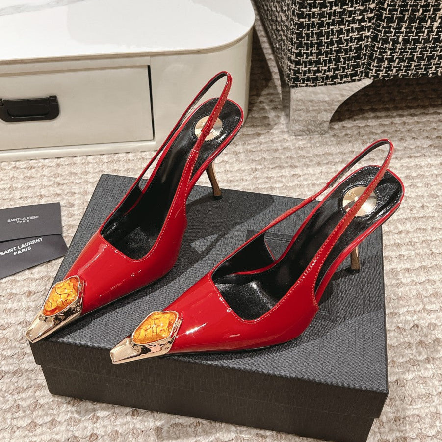 DUNE HIGH 10 CM SLINGBACK PUMPS IN RUBY RED PATENT LEATHER WITH CRYSTAL