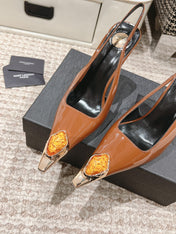 DUNE HIGH 10 CM SLINGBACK PUMPS IN BRONZE BROWN PATENT LEATHER WITH CRYSTAL