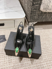 DUNE HIGH 10 CM SLINGBACK PUMPS IN BLACK PATENT LEATHER WITH GREEN CRYSTAL