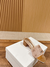 DIOR 26S D-CLUB EMBROIDERED HEELED SLIDES IN ROSE GOLD