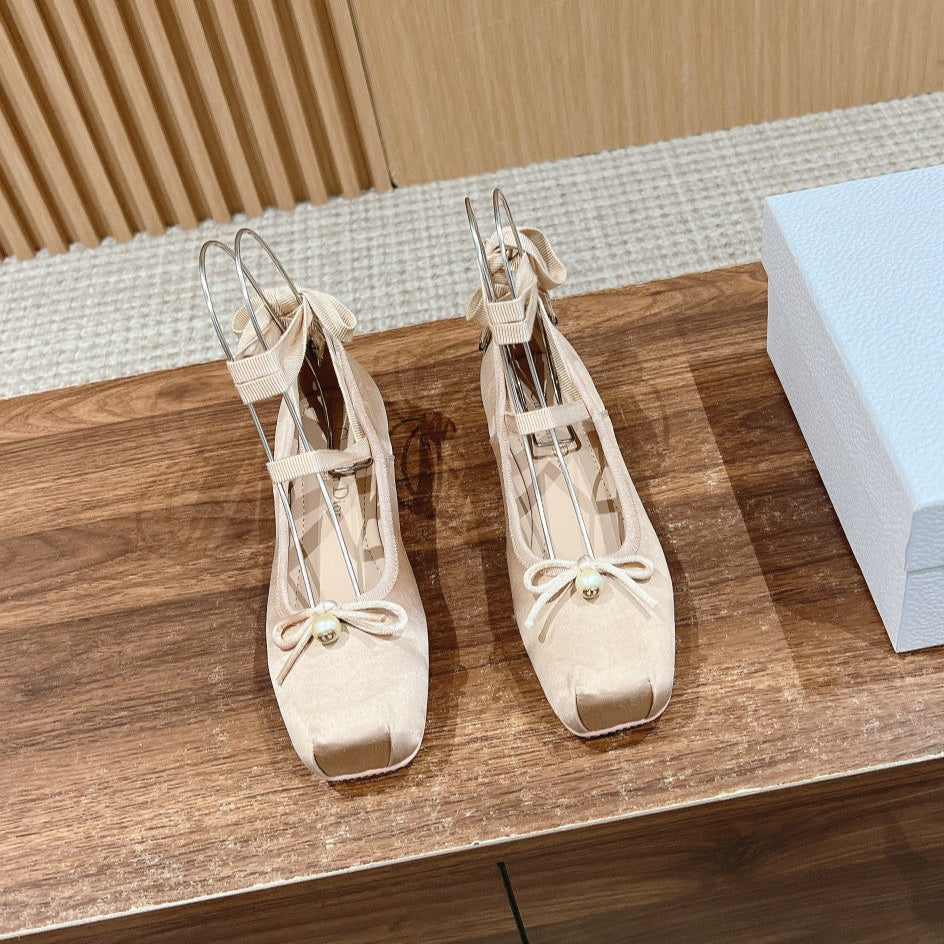 DIOR CLASSIC LACE-UP BALLET FLATS 25S IN NUDE SATIN PEARL DETAILING